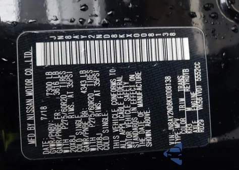 2019 Nissan Armada Sl z USA, uszkodzony, nr VIN JN8AY2ND8KX008138